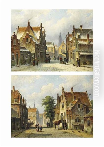 A Sunlit Street In Haarlem, The Tower Of The St. Bavo In The Distance; A Snow-covered Street In Delft, With The Nieuwe Kerk (pair) - view 1