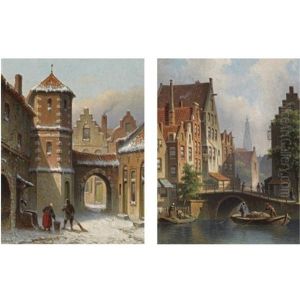 A View On The Langbrugsteeg In Amsterdam On A Summer's Day (+ Figures In The Snow Covered Streets Of A Dutch Town; Pair)