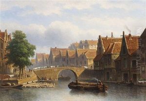 A Canal In A Busy Dutch Town by Eduard Alexander Hilverdink