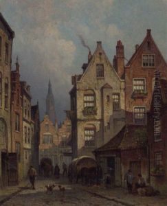 A Streetscene With Horse-drawn Carts And Villagers Conversing by Eduard Alexander Hilverdink