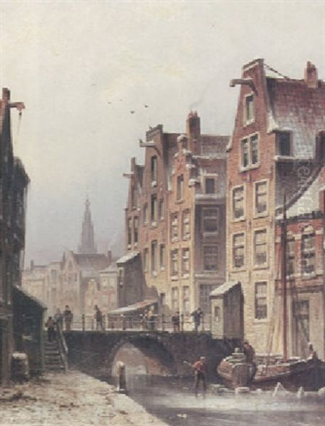 A View Of A Canal With A Bridge And A Figure Breaking The Ice Around A Fishing Smack In The Foreground - view 1