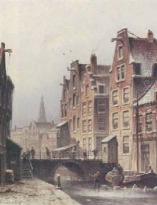 A View Of A Canal With A Bridge And A Figure Breaking The Ice Around A Fishing Smack In The Foreground by Eduard Alexander Hilverdink