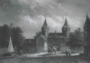 Pferdefuhrwerk Vor Einem Hollandischen Stadttor by Eduard Alexander Hilverdink