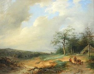 Travellers Resting On A Path, A Shepherd And His Flock Beyond by Johannes Hilverdink