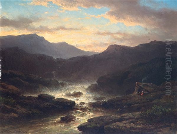 Berglandschap Met Beek Bij Avondlucht - view 1