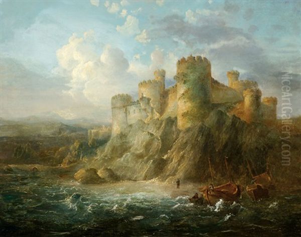 Ships On A Beach By A Castle On A Rock - view 1