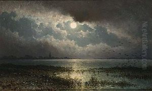 Het Ij Bij Zeeburg, Maanlicht by Johannes Hilverdink