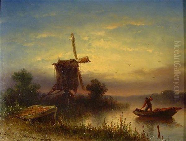Weite Fluslandschaft Mit Windmuhle Im Abendrot - view 1