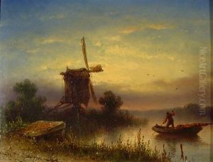 Weite Fluslandschaft Mit Windmuhle Im Abendrot by Johannes Hilverdink