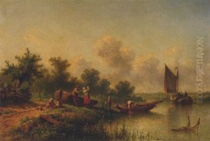 A Fisher Family Standing By A River On A Sunny Day by Johannes Hilverdink