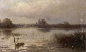 Stille Fluslandschaft Mit Fischerhausern - Abendstimmung