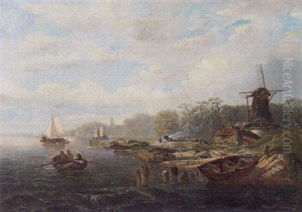 Niederlandische Landschaft Mit Einer Alten Windmuhle Am Ufer Und Fischerbooten Auf Dem Wasser - view 1