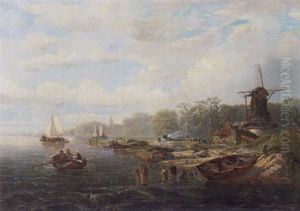 Niederlandische Landschaft Mit Einer Alten Windmuhle Am Ufer Und Fischerbooten Auf Dem Wasser by Johannes Hilverdink