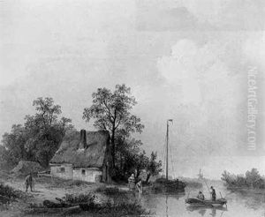 A Wooded River Landscape With A Washerwoman And Anglers