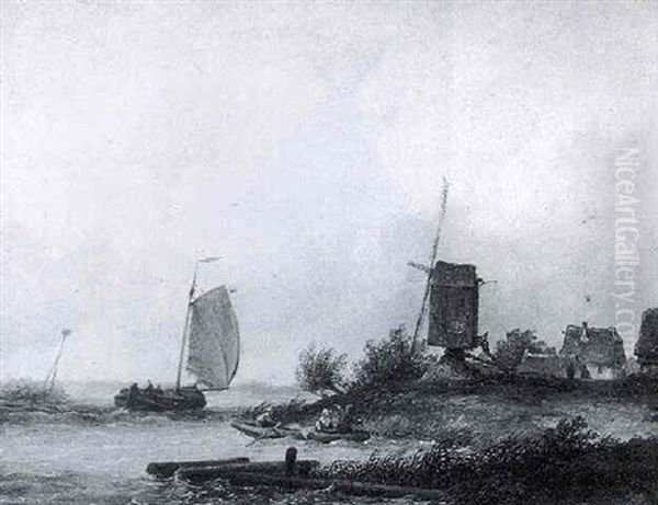 A River Scene With Figures In A Rowing Boat Near A Dutch Windmill - view 1