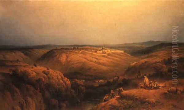 Arabs Resting On A Rocky Outcrop, Jerusalem Beyond - view 1