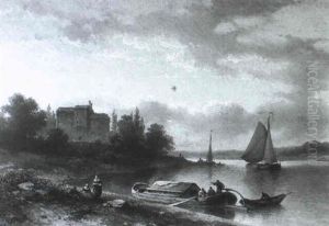 Fluslandschaft Mit Lastensegler Und Frachtbooten Fluslandschaft Mit Lastensegler Und Frachtbooten