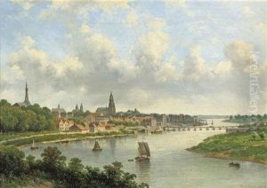 View Of A Riverside Town by Johannes Jacobus Antonius Hilverdink