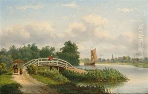 A Summer Landscape With Figures Along The River by Johannes Jacobus Antonius Hilverdink