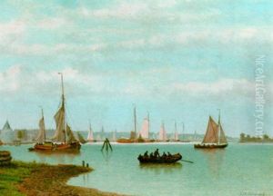 Sailing Vessels Near A Town by Johannes Jacobus Antonius Hilverdink