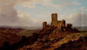 Mountainous Landscape With Castle Ruins And Figures by Johannes Jacobus Antonius Hilverdink
