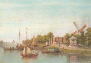 Sailing Boats On The Amstel, Amsterdam, With The Stadhouderskade Beyond by Johannes Jacobus Antonius Hilverdink