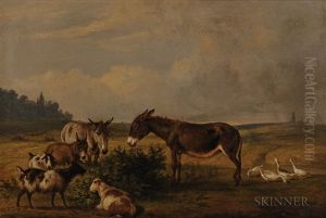 Donkeys, Goats, And Geese In A Field With A Distant Windmill by Thomas Hewes Hinckley