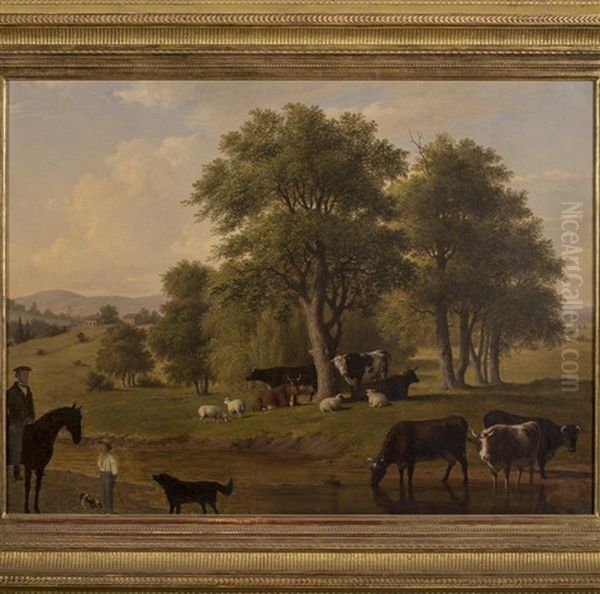 Cows And Sheep Watering At A Stream With A Child, Horse And Rider On The Other Bank - view 1