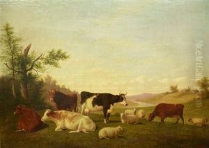 Cows And Sheep Near River by Thomas Hewes Hinckley