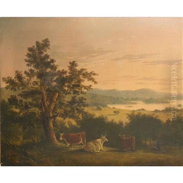 Cows Overlooking A River At Sunset - view 1