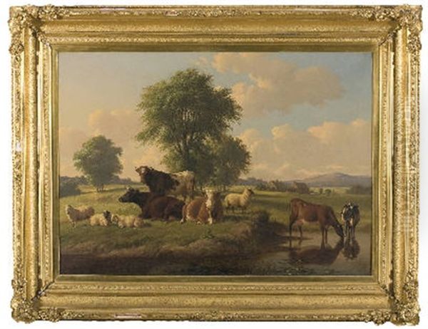 Cattle And Sheep In A Meadow With Stream - view 1