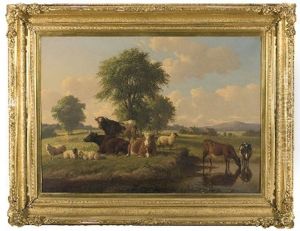 Cattle And Sheep In A Meadow With Stream by Thomas Hewes Hinckley