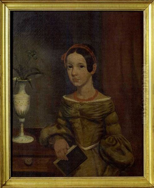New England Portrait Of Girl With Coral Beaded Necklace Seated Beside One-drawer Stand With Porcelain Vase With Flower - view 1