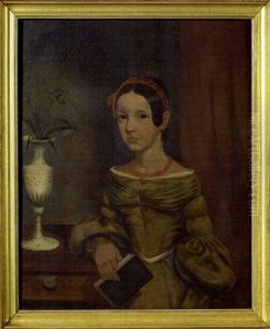 New England Portrait Of Girl With Coral Beaded Necklace Seated Beside One-drawer Stand With Porcelain Vase With Flower