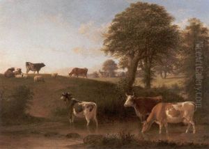 Cows In Landscape With Farmhouse In Distance by Thomas Hewes Hinckley