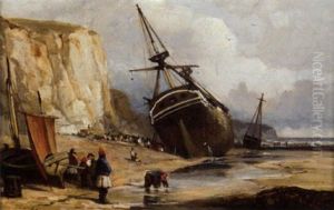 Unloading The Timber Cargo At Low Tide by Henry George Hine
