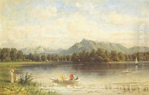 Sommerliche Landschaft Am Staffelsee Mit Booten Und Figurenstaffage by Franz Hinterholzer