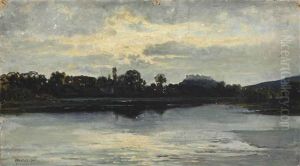 On The Banks Of The Danube With A Fortress, Possibly The Petrovaradin Fortress by Franz Hinterholzer