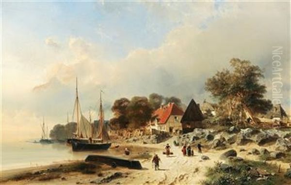 Sailing Ships By A Coastal Village - view 1