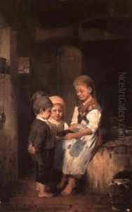 Drei Kinder Bestaunen Eine Maus In Der Falle by Johann Ferdinand Julius Hintze