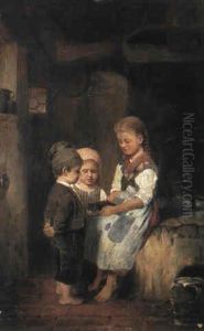 Drei Kinder Bestaunen Eine Maus In Der Mausefalle by Johann Ferdinand Julius Hintze