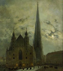 Der Wiener Stephansdom Mit Kirchgangern Bei Mondschein by Johann Heinrich Hintze