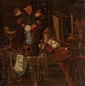Still Life With Skull, Flowers, Jewelery And Attributes For Art And Music by Johannes Georg Hinz