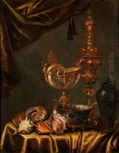 Stilleben Mit Prunkpokal, Nautilusbecher, Vase, Muscheln Und Einer Porzellanschale by Johannes Georg Hinz