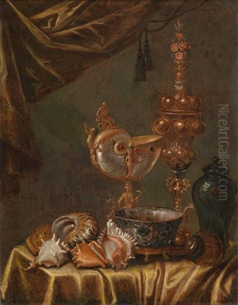 Prunkstillleben Mit Einem Nautiluspokal, Einem Buckelpokal, Einer Chinesischen Schale (kraak-porzellan) Und Muscheln - view 1