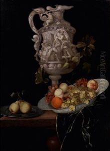 Nature Morte Au Vase Sculpte Et Plats De Fruits Sur Une Table by Johannes Georg Hinz