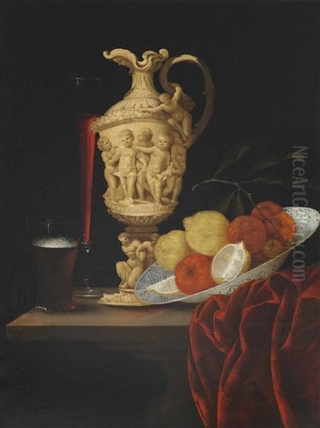 Groses Stillleben Mit Elfenbeinprunkkanne, Einer Chinesischen Schale Mit Zitrusfruchten, Bierglas Und Einem Schlanken Weinglas - view 1
