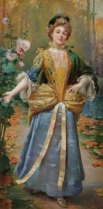 Woman Walking Beside Hollyhocks by Marie Felix Hippolyte-Lucas