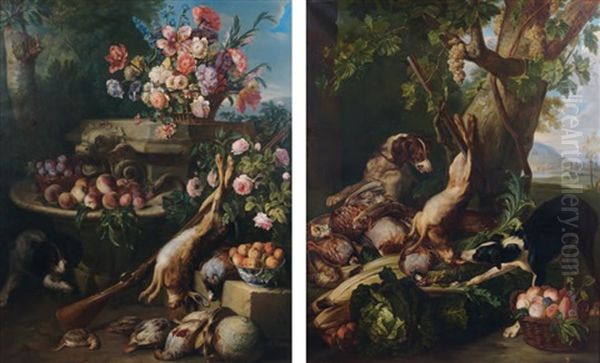 Nature Morte Au Trophee De Chasse, Artichauts, Choux, Oiseaux, Panier De Fruits, Surpris Par Deux Chiens (+ Nature Morte Au Trophee De Chasse, Bouquet De Fleurs Dans Un Panier, Fruits, Oiseaux, Surpris Par Unchie; Pair)(after Alexandre-francois Desportes) - view 1
