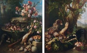 Nature Morte Au Trophee De Chasse, Artichauts, Choux, Oiseaux, Panier De Fruits, Surpris Par Deux Chiens (+ Nature Morte Au Trophee De Chasse, Bouquet De Fleurs Dans Un Panier, Fruits, Oiseaux, Surpris Par Unchie; Pair)(after Alexandre-francois Desportes) by Marie Felix Hippolyte-Lucas